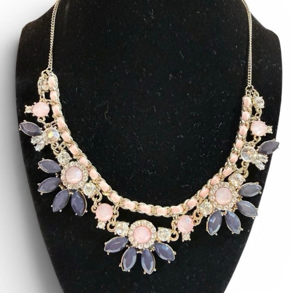 Lauren Conrad Pink and Blue Floral Sparkle Chunky Statement Necklace